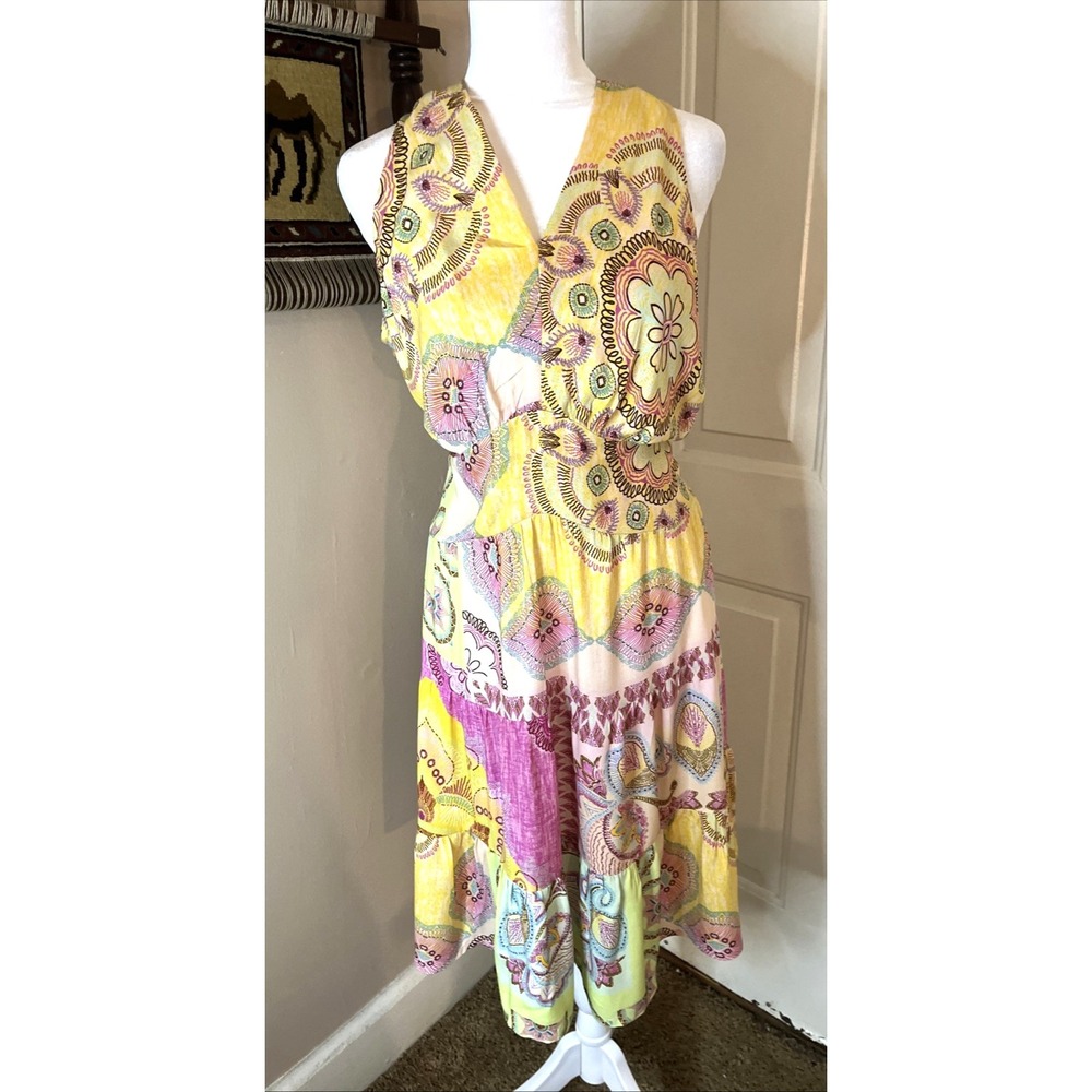 Charlie B Yellow Pink Cotton Tiered Midi Sleeveless Boho V‑Neck Dress Size P/S
